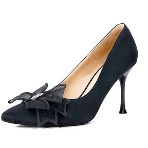 Women’s Pointed Toe Stiletto Satin Fabric Pumps, Bowknot, Black, Sz 7